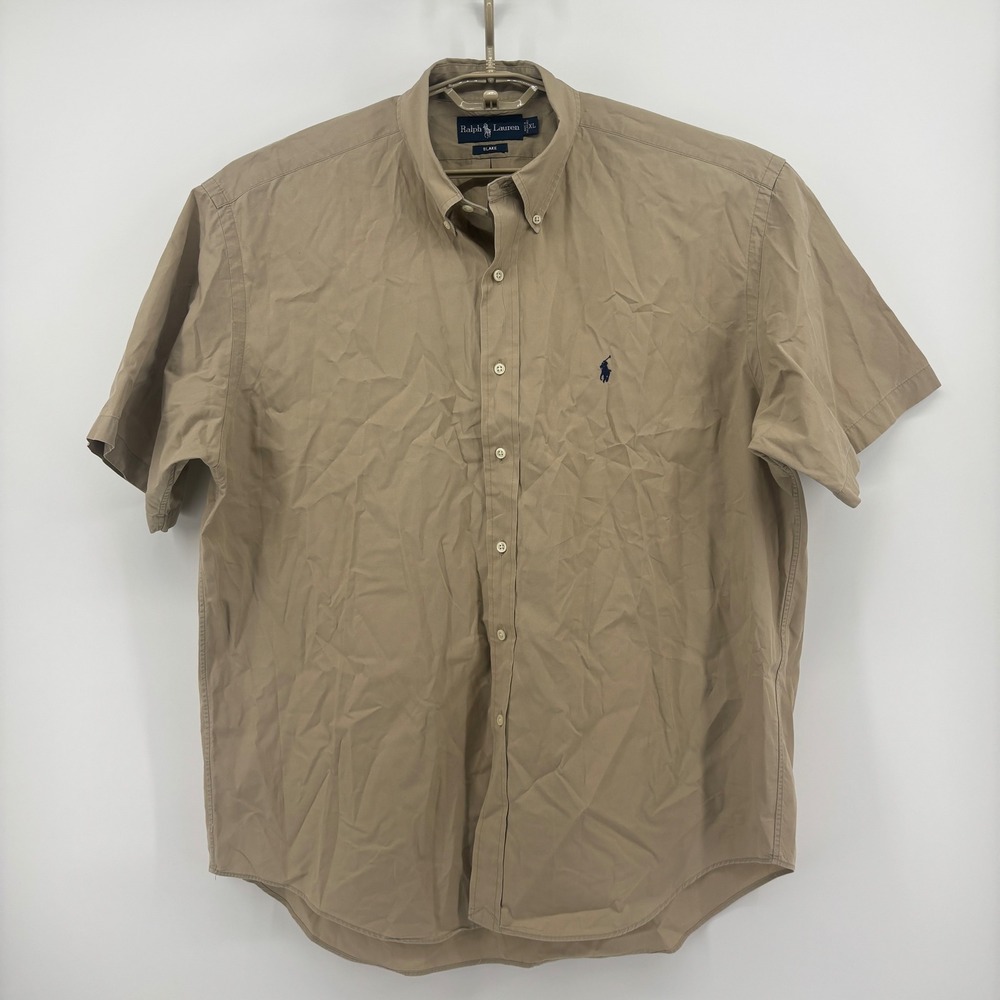 Ralph Lauren Blake Mens XL Tan Khaki Short Sleeve Button Down Cotton Shirt Polo